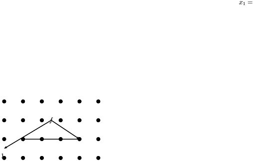 $ \hspace*{\textwidth} \vspace*{2in} x_1 = 1 \psset{arrows=->,fillstyle=solid,fillcolor=black,linecolor=black} \begin{pspicture}(0,0)(5,3) \multido{\i=0+1}{6}{{ \pscircle(\i,0){1mm} }} \multido{\i=0+1}{6}{{ \pscircle(\i,1){1mm} }} \multido{\i=0+1}{6}{{ \pscircle(\i,2){1mm} }} \multido{\i=0+1}{6}{{ \pscircle(\i,3){1mm} }} \rput(2.5,2){$f$} \psline(2.5,2)(0,.5)\nbput{$r_1$} \psline(2.5,2)(4,1)\nbput{$r_2$} \psline[arrows=|-|](1,1)(4,1)\nbput{M} \end{pspicture} $